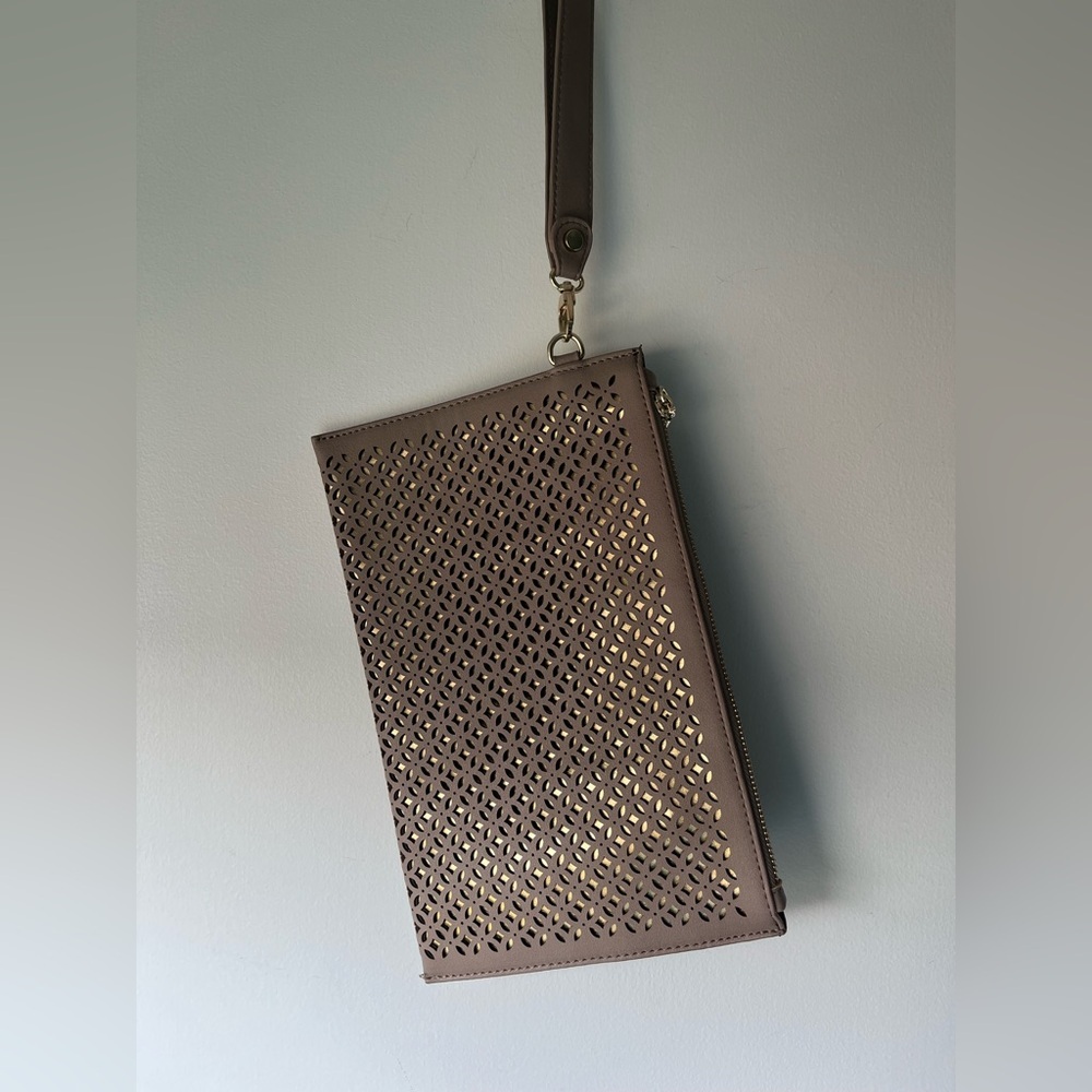 Madison West Taupe Faux Leather Double Layer with Gold Clutch - Picture 3 of 4